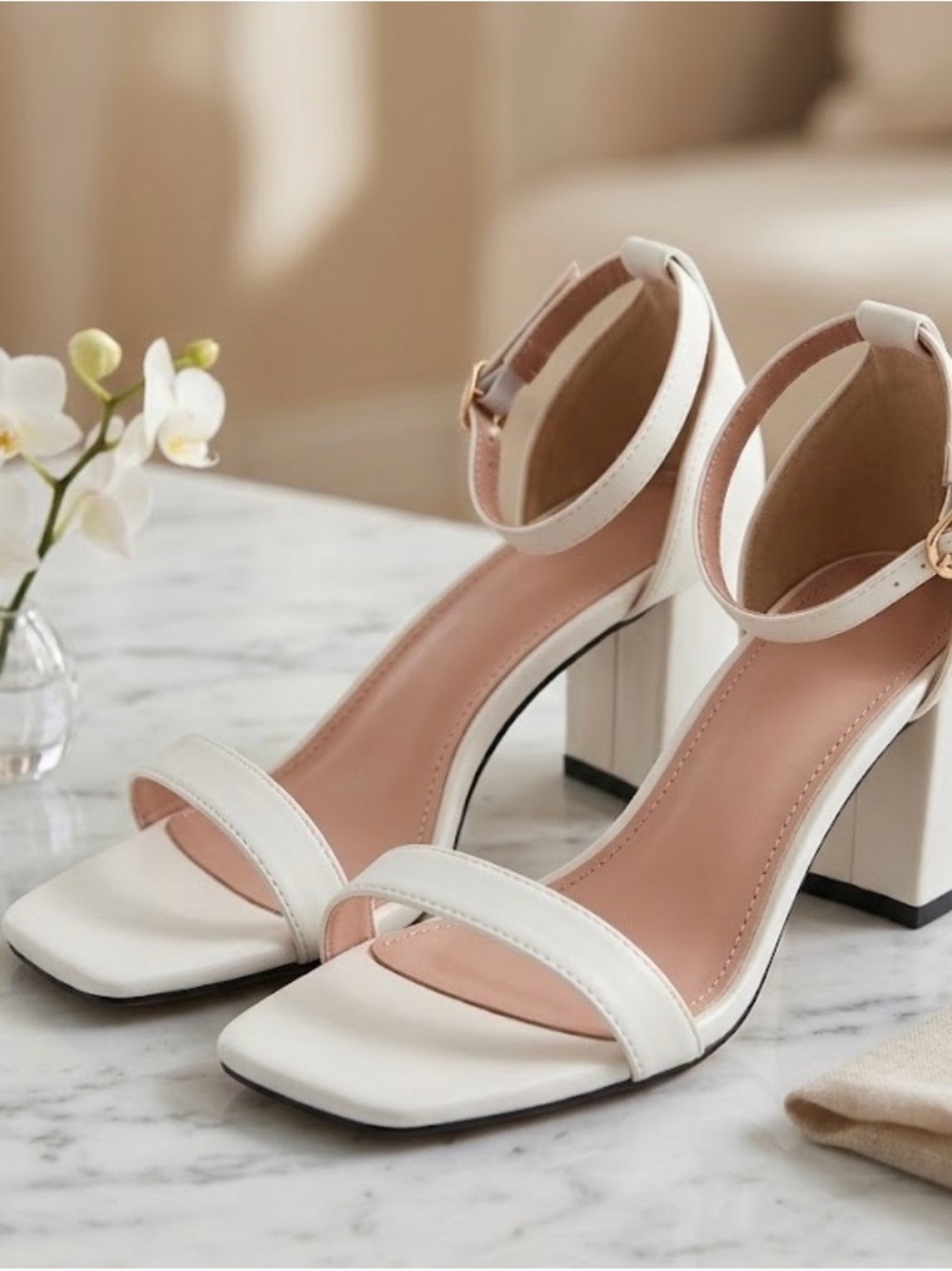 Women's White Block Heel Ankle-Strap Sandals